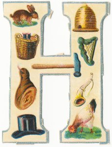 H: Hase, Bienenstock, Erntekorb, Harfe, Hammer, Schinken, Horn, Hut, Henne
