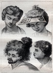 Frisuren der Einwohner von Tahiti - Illustration aus „Die großen Seefahrer des 18. Jahrhunderts“ von Unknown artist
