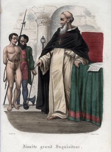 Ketzerischer Gefangener und Jesuiten-Großinquisitor zur Zeit von Papst Clemens VIII. (1592-1605). Gravur von 1842 in „Histoire des popes“ von Maurice Lachatre. Private Sammlung.
