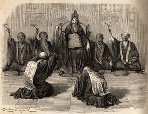 Hoher buddhistischer Priester wird verehrt, umgeben von seinen Jüngern, die das Ritual mit Gong und Zimbeln rhythmisieren. Gravur zur Illustration der Reise nach Japan in den Jahren 1863-1864 von Aime Humbert, Minister der Schweizerischen Eidgenossenschaft