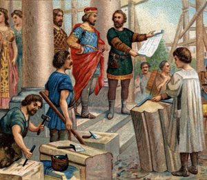 Historische Episoden berühmter Städte: Clovis wählt Paris als ständigen Wohnsitz (im Jahr 508). Chromolithographie des 19. Jahrhunderts