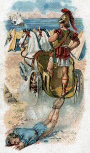 Geschichte des Lebens von Achilles, legendärer Held des Trojanischen Krieges: Achilles schleift Hektors Leiche hinter seinem Wagen her. Chromolithographie von 1890.