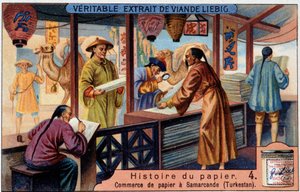 Geschichte des Papiers. 4. Papierhandel in Samarkand (Turkestan). Liebig Chromolithographie von Unknown artist