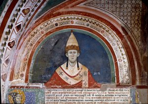 Geschichte von Franz von Assisi: Darstellung von Papst Innozenz III., der die Bulle zeigt, die die Franziskanerregel 1210 bestätigt von Unknown artist