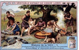 Geschichte des Bieres: Bierherstellung mit heißen Steinen in prähistorischen Zeiten - Liébig-Werbeaufkleber