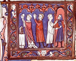 Geschichte des kanonischen Rechts: Kommunionsszene (links) und Exkommunikation (rechts) (Miniatur aus „Decretales“ von Giovanni d