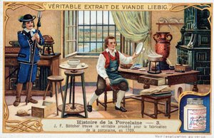Geschichte des Porzellans: Johann Friedrich Böttger (Böttcher oder Böttiger) (1682-1719) findet 1709 die wahre Methode zur Herstellung von Porzellan - Liebig Chromolithographie von Unknown artist