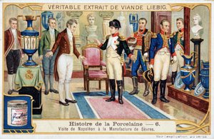 Geschichte des Porzellans: Besuch von Napoleon Bonaparte (1769-1821) in der Manufaktur von Sèvres - Liebig Chromolithographie