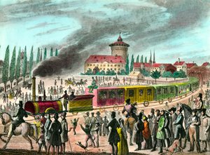 Geschichte des öffentlichen Verkehrs: Eisenbahn zwischen Paris und Versailles. Gravur des 19. Jahrhunderts. Private Sammlung
