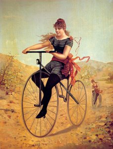 Geschichte des Fahrrads: Velocipedist oder eine Frau tritt in die Pedale eines Fahrrads