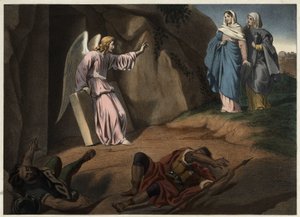 Heilige Frauen besuchen Christus am Grab. Anonyme Gravur des 19. Jahrhunderts.