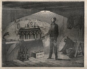 Heim-Elektrizität: Installation der von Radiguet erfundenen Batterie in einem Keller - Gravur in „La Science francaise“ von Unknown artist