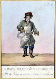 Händler von Honig- und Himbeergetränken in Russland im 19. Jahrhundert. Illustration des 19. Jahrhunderts