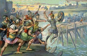 Horatius Cocles (Horatius der Einäugige), legendärer Held, der die einzige Brücke über den Tiber verteidigte, während die junge Römische Republik von den Etruskern unter Lars Porsenna bedroht wurde, 507 v. Chr. von Unknown artist