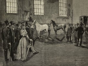 Pferdeauktion bei Tattersall, Vereinigtes Königreich, Gravur aus L