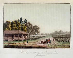 Herberge und Postkutsche in den Vereinigten Staaten - in „Die alte und moderne Tracht“ von Ferrario, ed. Mailand von Unknown artist