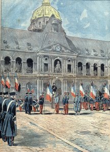 Hotel des Invalides - Paris - 26. Juni 1898: Eine Delegation übergab General Arnoux, dem Gouverneur der Invalides, die Fahne des Regiments von Algerien, die am 30. September 1895 auf dem Palast der Königin von Tananarive wehte. Illustration in „Le Pelerin“ von Unknown artist