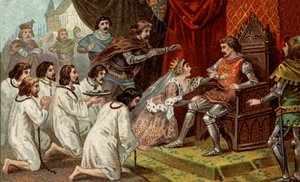 Hundertjähriger Krieg. Die Bürger von Calais: Hingabe von Eustache de St. Pierre und seinen Gefährten an König Edward III. von England, flehen um Gnade, unterstützt von Königin Philippa von Hennegau (1311-1369). Chromolithographie aus dem späten 19. Jahrhu von Unknown artist