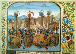 Hundertjähriger Krieg: „Die Seeschlacht von Ecluse, Sluis (Niederlande) am 20.06.1340, die die Franzosen unter Philippe VI. von Valois gegen die Engländer unter Edward III. führte“ Miniatur aus „Chroniken“ von Jean Froissart (1337-1400) 15. Jahrhundert. Pa von Unknown artist