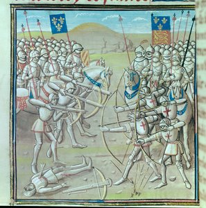Hundertjähriger Krieg: die Schlacht von Crécy am 26.08.1346 zwischen den Franzosen und den Engländern. Miniatur aus einem Manuskript des 14. Jahrhunderts von Unknown artist