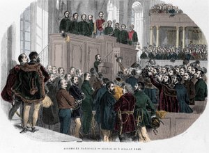 Ungarische Revolution von 1848: Erste Sitzung der Nationalversammlung in Ungarn am 5. Juli 1848. Gravur in „Ungarn Historique von J. Boldenyi Paris 1853“ von Unknown artist