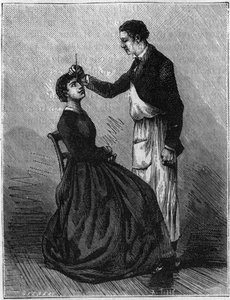Hypnosephänomene: Hypnose durch Fixieren eines Bleistifthalters zwischen den Augen. Gravur von 1881. von Unknown artist