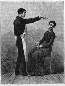 Phänomene des Hypnotismus: Hypnotismus wird durch plötzliches Ausstrecken der Hand vor dem Patienten erzeugt. Gravur von 1881. von Unknown artist