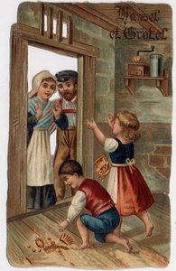 Illustration für das Märchen der Brüder Grimm „Hänsel und Gretel“: Hänsel und Gretel kehrten nach Hause zurück und gaben ihren Eltern die Juwelen, die sie hatten. Chromolithographie aus dem späten 19. Jahrhundert von Unknown artist