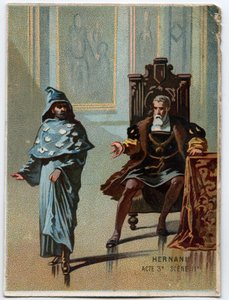 Illustration von „Ernani“ von Giuseppe Verdi, Akt 3, Szene 2, Oper uraufgeführt 1844 nach der Tragödie „Hernani“ von Victor Hugo. Chromolithographie des späten 19. Jahrhunderts von Unknown artist