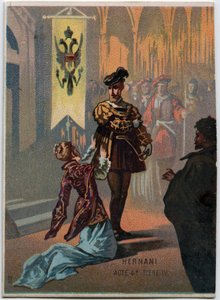 Illustration von „Ernani“ des italienischen Komponisten Giuseppe Verdi (1813-1901), Akt 4, Szene IV, Oper, die 1844 nach der Tragödie „Hernani“ von Victor Hugo geschaffen wurde. Chromolithographie aus dem späten 19. Jahrhundert. von Unknown artist