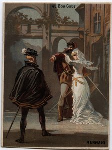 Illustration von „Ernani“ des italienischen Komponisten Giuseppe Verdi (1813 - 1901), Oper, die 1844 nach Victor Hugos Tragödie „Hernani“ geschaffen wurde. Chromolithographie aus dem späten 19. Jahrhundert. von Unknown artist