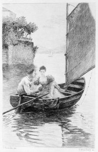 Illustration von „Rot und Schwarz“ von Stendhal. 1830. Julien Sorel und Madame de Renal auf einem Segelboot dargestellt. Gravur aus dem späten 19. Jahrhundert von Unknown artist