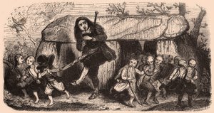 Illustration einer Legende nach bretonischen Traditionen: der Lao-Dudelsackspieler und Kobolde tanzen vor einem Dolmen von Unknown