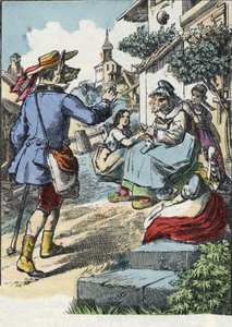 Illustration aus dem Märchen „Gute Mutter Schaf“. In „Märchen aus dem Heim für die Kleinen“. Anonyme Gravur aus dem 19. Jahrhundert.