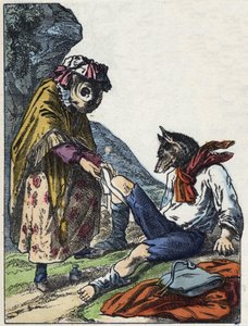 Illustration des Märchens „Gute Mama Schaf“. In „Märchen aus dem Heim für die Kleinen“. Anonyme Gravur des 19. Jahrhunderts.
