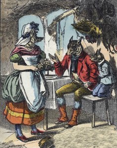 Illustration des Märchens „Gute Mutter Schaf“. In „Märchen aus dem Heim für die Kleinen“. Anonyme Gravur aus dem 19. Jahrhundert