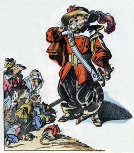 Illustration aus dem Märchen „Der schreckliche Raminagrobis und die Mäuse“ nach einer Fabel von Jean de La Fontaine. In „Märchen aus dem Heim für die Kleinen“. Anonyme Gravur aus dem 19. Jahrhundert.
