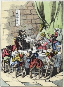 Illustration des Märchens „Der schreckliche Raminagrobis und die Mäuse“. Charakterzeichnungen von Fabeln von Jean de la Fontaine. In „Märchen aus dem Heim für die Kleinen“. Anonyme Gravur des 19. Jahrhunderts.