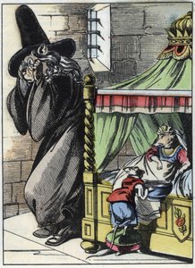 Illustration des Märchens „Der schreckliche Raminagrobis und die Mäuse“. Charakterzeichnungen von Jean de La Fontaine. In „Märchen aus dem Heim für die Kleinen“. Anonyme Gravur des 19. Jahrhunderts