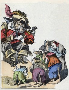 Illustration des Märchens „Der schreckliche Raminagrobis und die Mäuse“. Charakterzeichnungen von Jean de La Fontaine. In „Märchen aus dem Heim für die Kleinen“. Anonyme Gravur des 19. Jahrhunderts