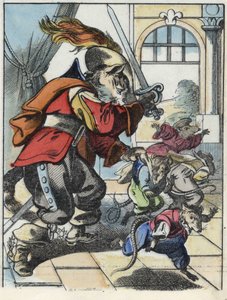 Illustration des Märchens „Der schreckliche Raminagrobis und die Mäuse“ nach einer Fabel von Jean de La Fontaine. In „Märchen aus dem Heim für die Kleinen“. Anonyme Gravur aus dem 19. Jahrhundert