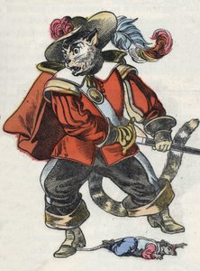 Illustration des Märchens „Der schreckliche Raminagrobis und die Mäuse“ nach einer Fabel von Jean de La Fontaine. In „Märchen aus dem Heim für die Kleinen“. Anonyme Gravur aus dem 19. Jahrhundert