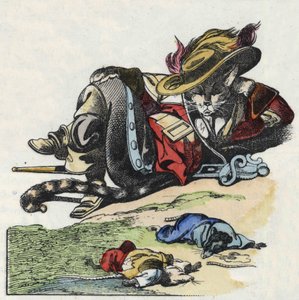 Illustration des Märchens „Der schreckliche Raminagrobis und die Mäuse“, Charakter aus Fabeln von Jean de la Fontaine. In „Tales from the home for the little ones“. Anonyme Gravur des 19. Jahrhunderts