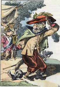 Illustration des Märchens „Der schreckliche Raminagrobis und die Mäuse“, Charakter aus Fabeln von Jean de la Fontaine. In „Tales from the home for the little ones“. Anonyme Gravur des 19. Jahrhunderts