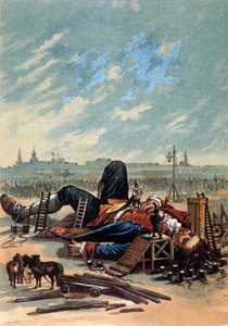 Illustration zeigt Lilliputaner, die Gulliver angreifen. Chromolithographie, Ende des 19. Jahrhunderts