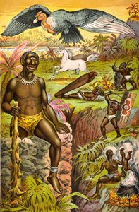 Illustration mit imaginären Monstern aus Afrika mit dem Titel „Afrikanische Aberglauben illustriert“ (Zyklop, Einhorn...), um 1889 von Unknown artist