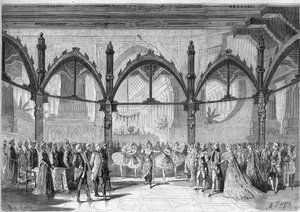 Imperial Theatre der Komischen Oper: Szene IV, Akt II der Oper „Der erste Tag des Glücks“ von Daniel François Esprit Auber (1782-1871). Gravur in „The Illustrious Universe“ von Unknown artist