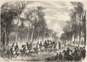 Kaiserliche Jagd in Compiègne in Anwesenheit von Napoleon III (1808-1873) und Kaiserin Eugénie (1826-1920). Gravur in „Le Monde illustrious“ von 1857. Privatsammlung.