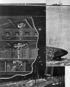 Im Jahr 1885 erreichte der Taucher Alexander Lambert die Schatzkammer des Wracks der „Alfonso XII“ in den Tiefen der Kanarischen Inseln. Zeitgenössische Illustration von Unknown artist