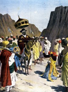 In Borumieda macht der Ras Mangacha, Gouverneur der Provinz Tigrai (Tigray) in Abessinien, einen Akt der Unterwerfung gegenüber Negus Menelik II. (1844 - 1913) mit dem Stein um den Hals. 1899. Ill. de Silhouette für die Presse